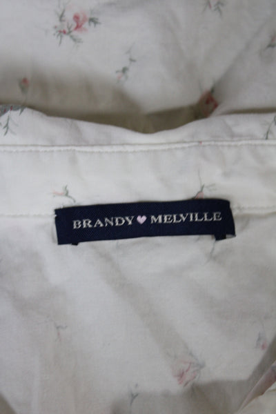 Brandy Melville Women Ivory Floral Button Short Sleeve Blouse Size One Size