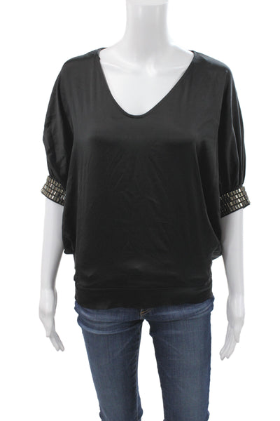 Hale Bob Womens Black Silk V-Neck Batwing Dolman Short Sleeve Blouse Size XS