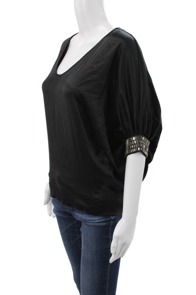 Hale Bob Womens Black Silk V-Neck Batwing Dolman Short Sleeve Blouse Size XS