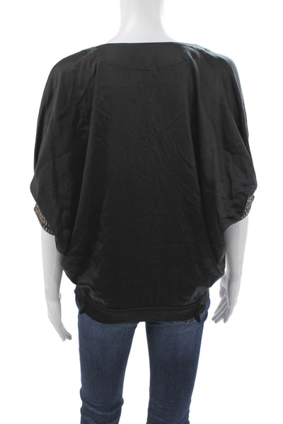 Hale Bob Womens Black Silk V-Neck Batwing Dolman Short Sleeve Blouse Size XS
