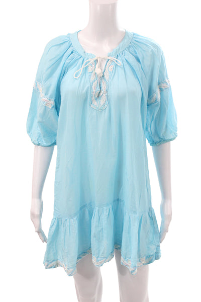 Letarte Women Bohemian Blouson Midi Dress Blue Long Sleeve Size M