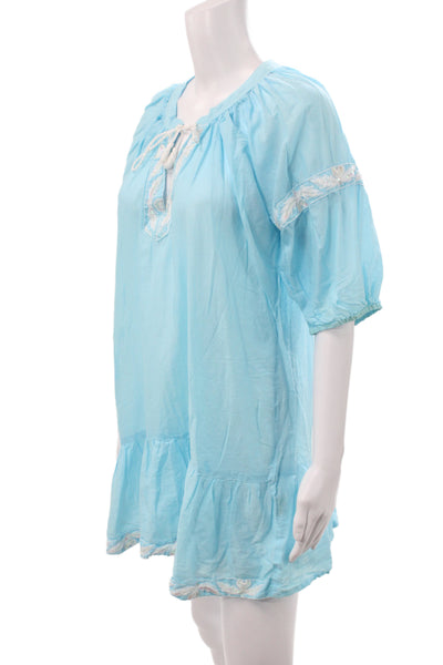 Letarte Women Bohemian Blouson Midi Dress Blue Long Sleeve Size M