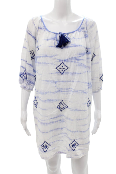 Letarte Handmade Women Blue Shift Midi Dress Scoop Neck Cotton Size S