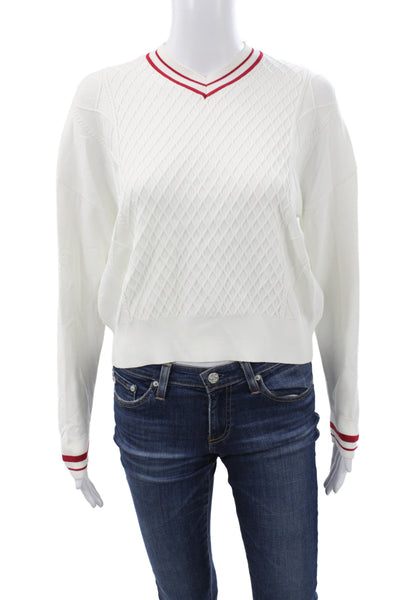 Beige Womens Pullover Sweater White V Neck Argyle Long Sleeve Size S