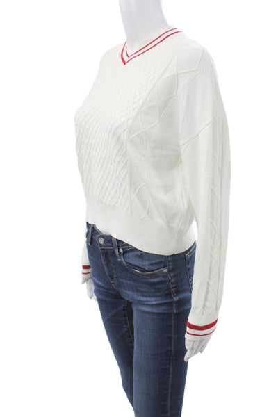Beige Womens Pullover Sweater White V Neck Argyle Long Sleeve Size S