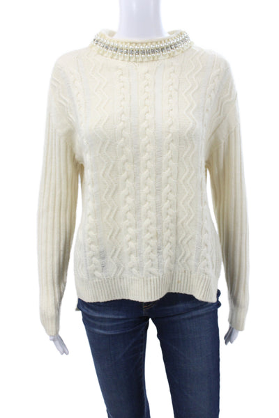 Pinko Womens Beaded Pullover Sweater Ivory Crew Neck Long Sleeve Size S