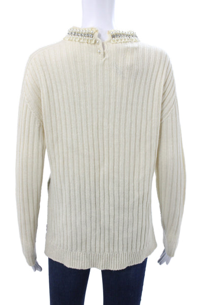Pinko Womens Beaded Pullover Sweater Ivory Crew Neck Long Sleeve Size S