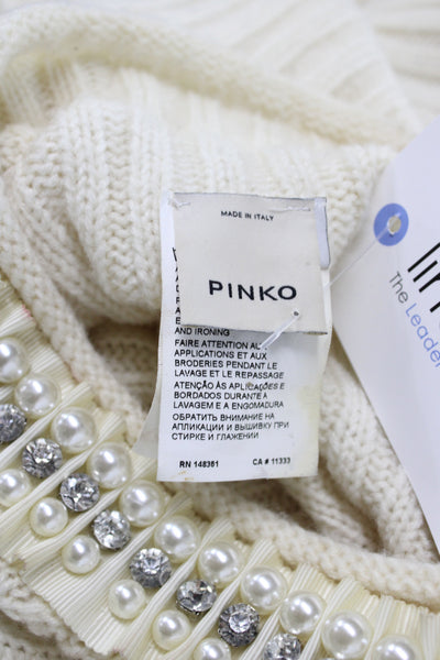 Pinko Womens Beaded Pullover Sweater Ivory Crew Neck Long Sleeve Size S