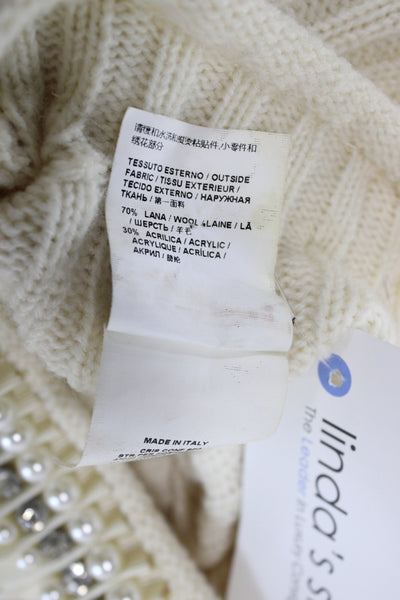 Pinko Womens Beaded Pullover Sweater Ivory Crew Neck Long Sleeve Size S