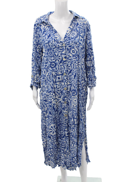 Zara Women Blue Geometric Viscose Shirt Dress Collared Long Sleeve Midi Size L