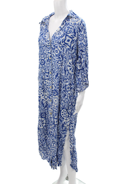 Zara Women Blue Geometric Viscose Shirt Dress Collared Long Sleeve Midi Size L