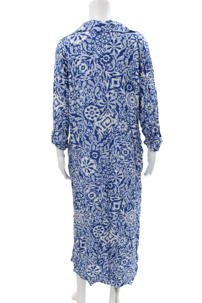 Zara Women Blue Geometric Viscose Shirt Dress Collared Long Sleeve Midi Size L