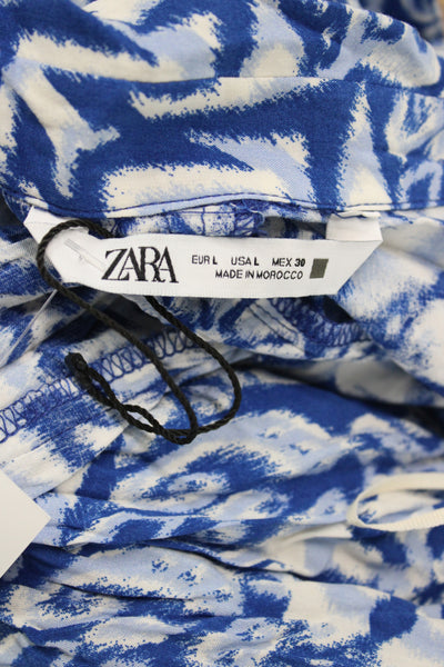 Zara Women Blue Geometric Viscose Shirt Dress Collared Long Sleeve Midi Size L