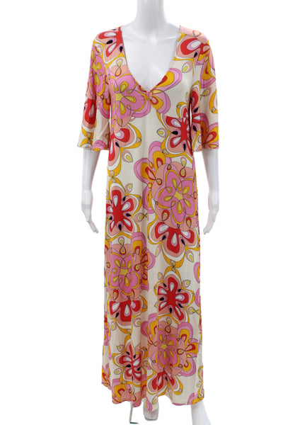 Vilebrequin Women Maxi Dress Multicolor Floral V-Neck 3/4 Sleeve Size XS