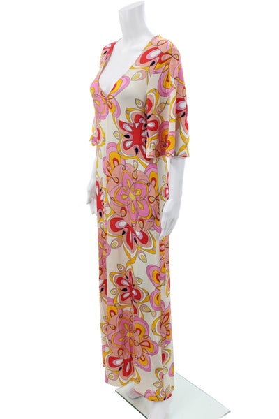 Vilebrequin Women Maxi Dress Multicolor Floral V-Neck 3/4 Sleeve Size XS