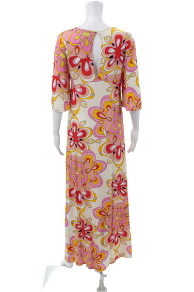 Vilebrequin Women Maxi Dress Multicolor Floral V-Neck 3/4 Sleeve Size XS