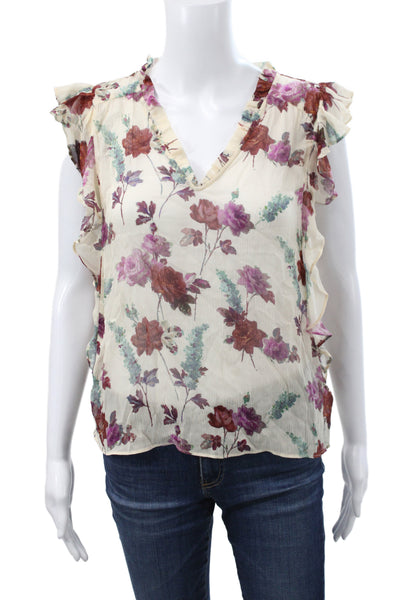 Paige Women Basic Silk V-Neck Sleeveless Floral Blouse Beige Size XS