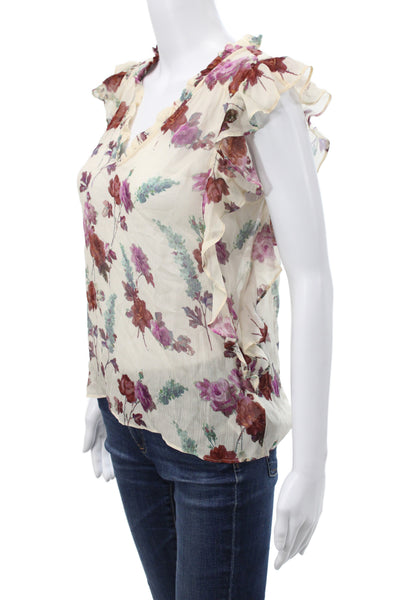 Paige Women Basic Silk V-Neck Sleeveless Floral Blouse Beige Size XS