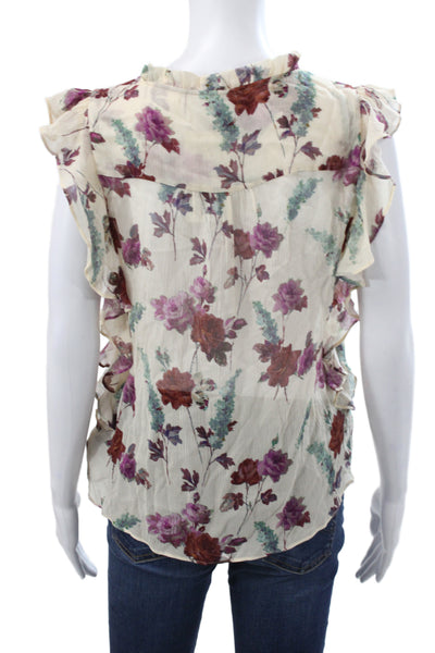 Paige Women Basic Silk V-Neck Sleeveless Floral Blouse Beige Size XS