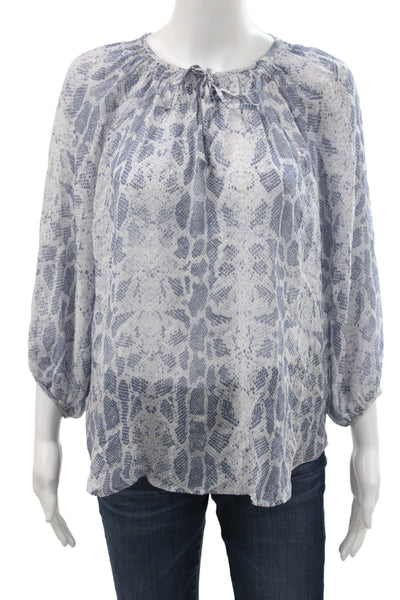 Joie Women Tunic Blouse Blue Silk Animal Print Tie Neck Long Sleeve Size XS