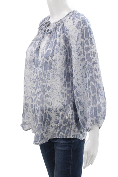 Joie Women Tunic Blouse Blue Silk Animal Print Tie Neck Long Sleeve Size XS