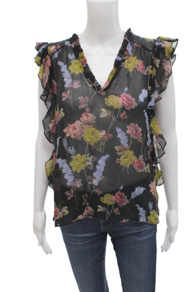 Paige Women Black Floral Silk V-Neck Sleeveless Tunic Blouse Pullover Size S