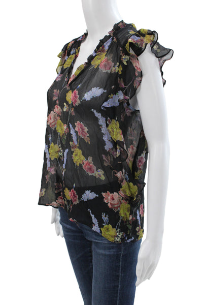 Paige Women Black Floral Silk V-Neck Sleeveless Tunic Blouse Pullover Size S