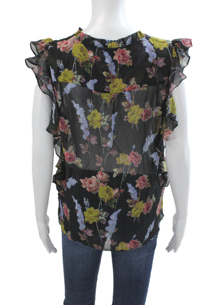Paige Women Black Floral Silk V-Neck Sleeveless Tunic Blouse Pullover Size S