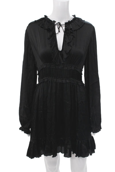 Ulla Johnson Women Black Silk V-Neck Long Sleeve Mini Dress Size 8