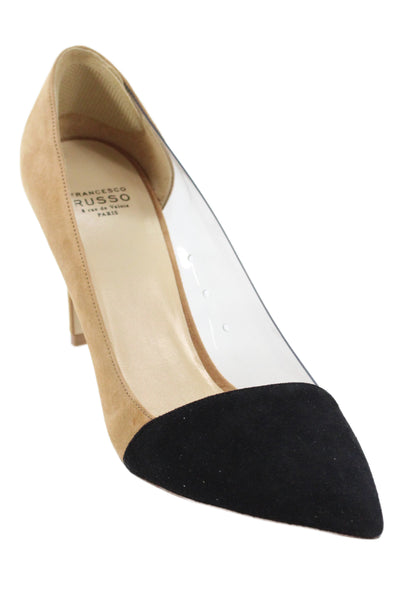 Francesco Russo Womens Suede  Pointed Toe Pumps Camel Beige Black Size 36.5 6.5