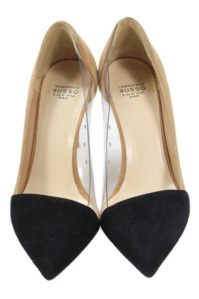 Francesco Russo Womens Suede  Pointed Toe Pumps Camel Beige Black Size 36.5 6.5
