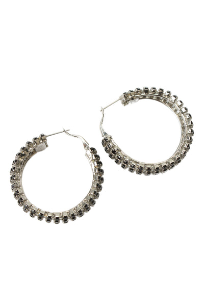 HVN Womens Silver Tone Black Crystal Jupiter Hoop Earrings