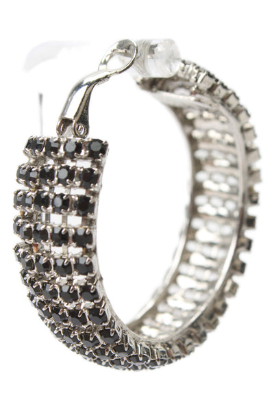 HVN Womens Silver Tone Black Crystal Jupiter Hoop Earrings