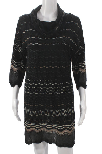 M Missoni Women Sweater Dress Black Striped Cowl 3/4 Sleeve Merino Wool Size 44
