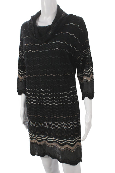 M Missoni Women Sweater Dress Black Striped Cowl 3/4 Sleeve Merino Wool Size 44