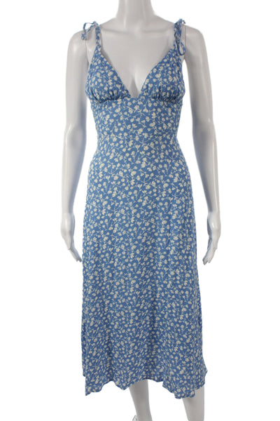 Reformation Women Midi Floral V-Neck Sleeveless Dress Blue Zip Size 0