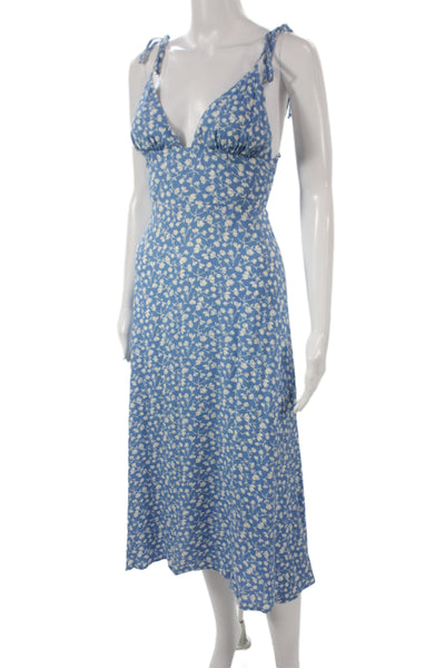 Reformation Women Midi Floral V-Neck Sleeveless Dress Blue Zip Size 0