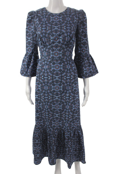 Cefinn Women Fit & Flare Blue Geometric Long 3/4 Sleeve Cotton Dress Size 6