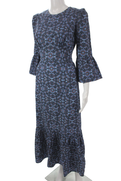 Cefinn Women Fit & Flare Blue Geometric Long 3/4 Sleeve Cotton Dress Size 6