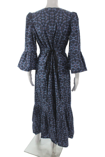 Cefinn Women Fit & Flare Blue Geometric Long 3/4 Sleeve Cotton Dress Size 6