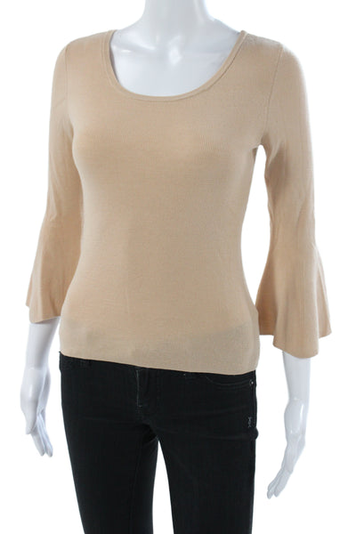 A.L.C. Women Merino Wool Scoop Neck Pullover Blouse Beige 3/4 Sleeve Size S