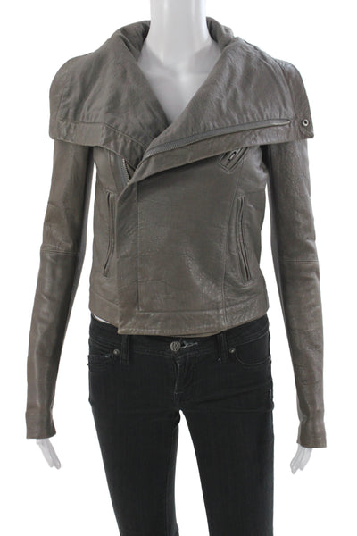 Veda Women Biker Lamb Leather Jacket Gray Zip Long Sleeve Size S
