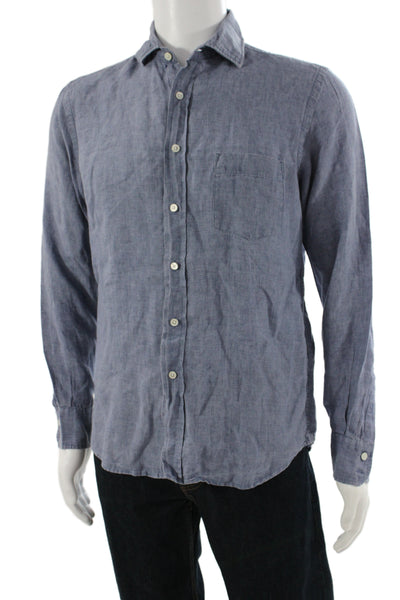 Hartford Mens Linen Long Sleeves Button Down Shirt Blue Size Small