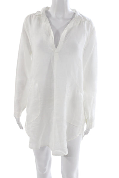 CP Shades Women Tunic White Linen Collared Long Sleeve Knee Length Size XS
