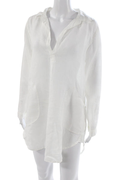 CP Shades Women Tunic White Linen Collared Long Sleeve Knee Length Size XS