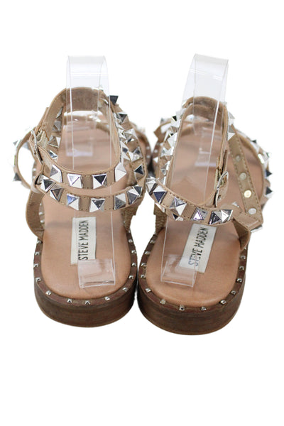 Steve Madden Womens Spike Studded Leather Ankle Strap Sandals Brown Size 8