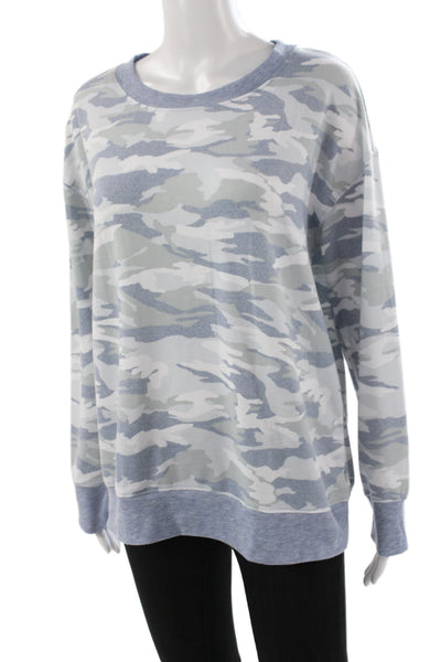 Splendid Women Camo Pullover Crew Neck Long Sleeve Blue Size L