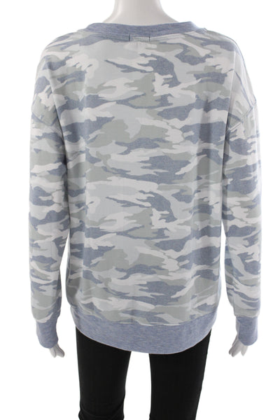Splendid Women Camo Pullover Crew Neck Long Sleeve Blue Size L