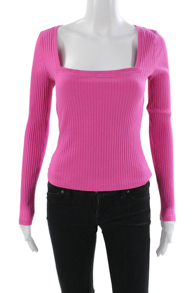 Zara Womens Basic Ribbed Knit Square Neck Long Sleeve Blouse Pink Size M