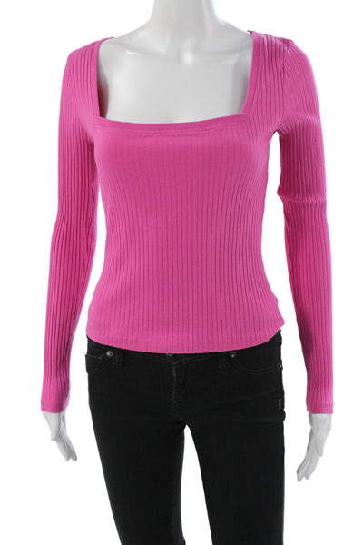Zara Womens Basic Ribbed Knit Square Neck Long Sleeve Blouse Pink Size M